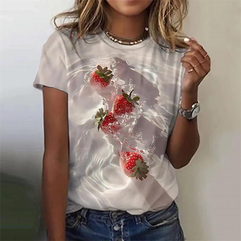 Fruit Pattern Women's T-shirt Strawberry Watermelon 3D Printed Short Sleeved Summer T-shirt Oversized T-shirt Round Neck Top