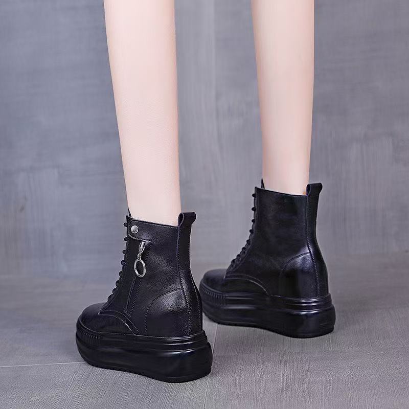 Fashion New 8cm Height Increasing Ankle Boots For Women Real Cowhide Chunky Platform Casual Short Boots Autumn Winter Warm Shoes Black