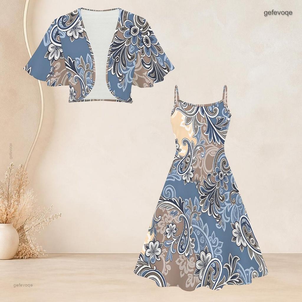 Women Plus Size White Floral Printed Batwing Sleeve Cropped Shrug Strappy Flared Dress Two Piece Set
