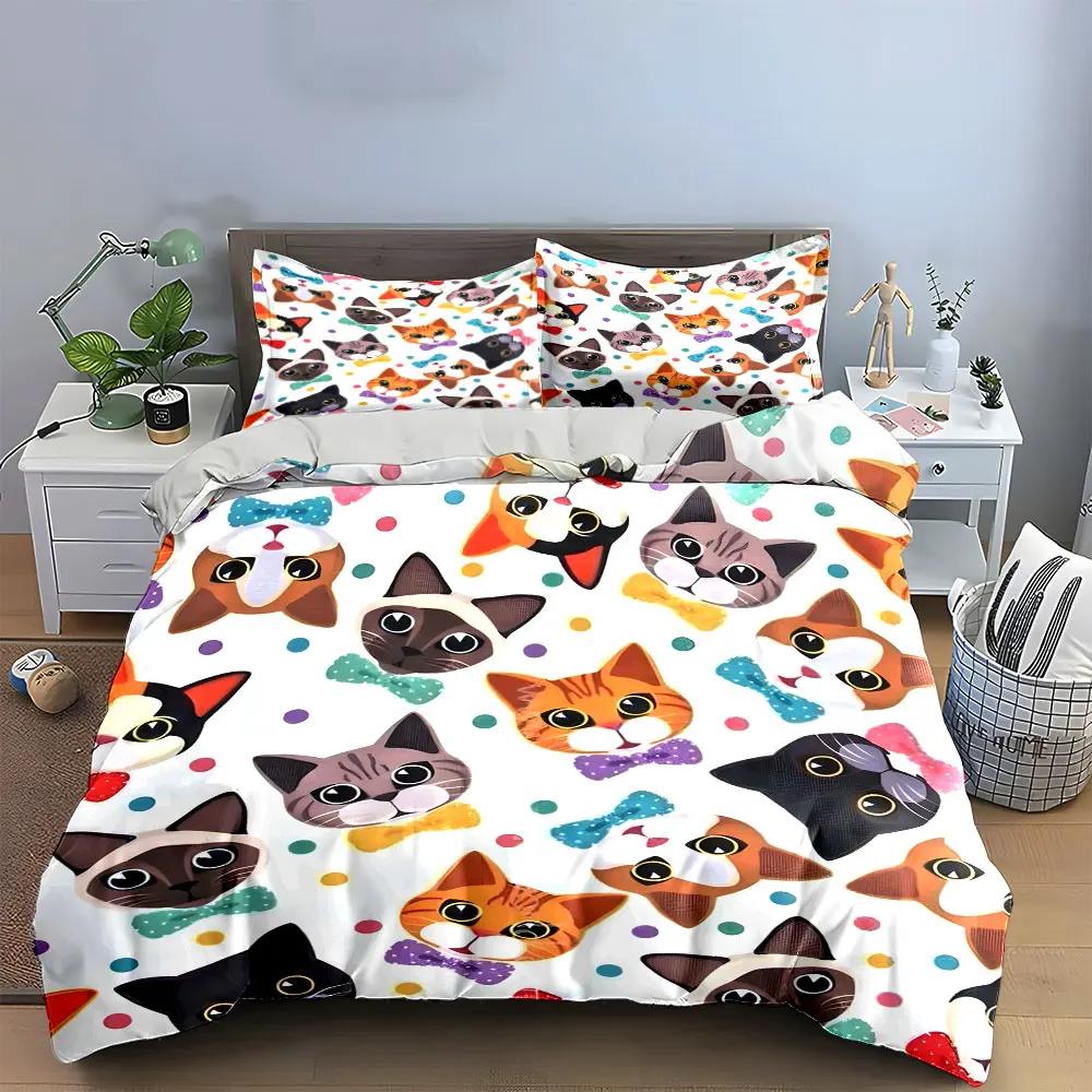 Cute Cat-Themed Decorative Set Multiple Sizes Kid's and Adults' Bedroom Exquisite 3PC Bedding Set Gift
