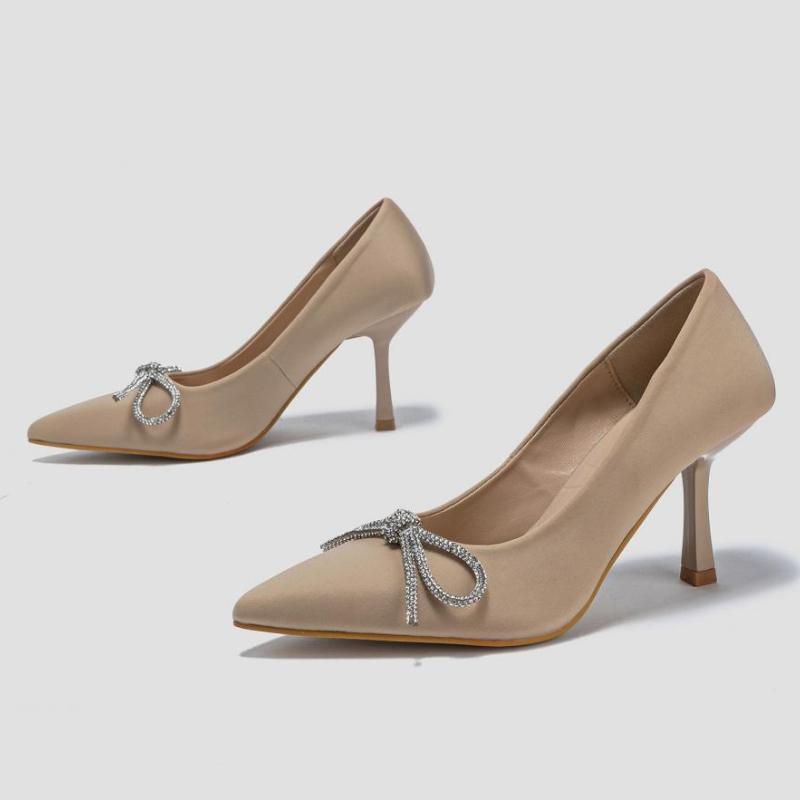 Fashion Luxury Rhinestone Bow Decorative High Heels Women Fashion Pointed Toe Shallow Thin Heel Designer Shoes Elegant Party Dress Shoes