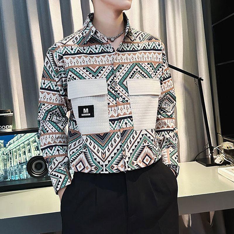 

Folk Geometric Printed Shirts Men s Clothing Chic Pockets Spliced Spring Autumn Turn-down Collar Vintage Single-breasted Shirts XXXL