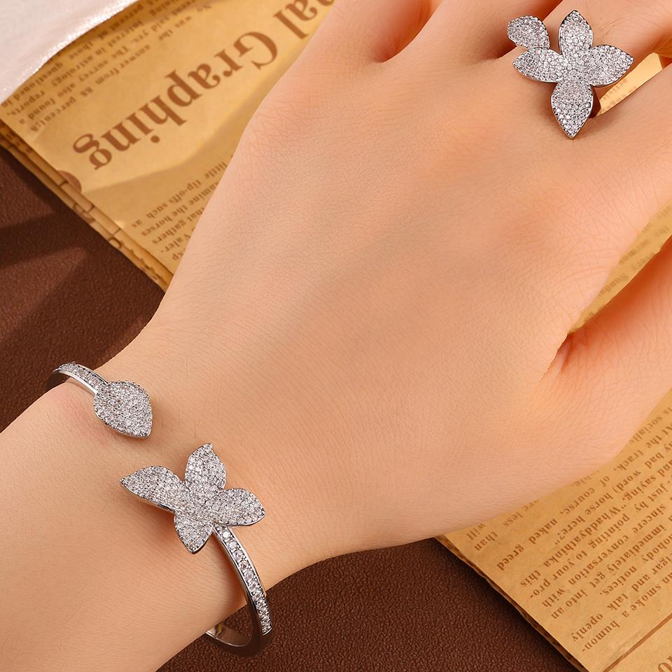 ZAKOL Bracelet Bague Luxueux Feuille Fleur Scintillante Micro-pavée Zirconia pour Femmes Manchette Exquise Mariage Fête Ensemble Zircon