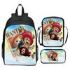 Set Zaino 3 Pezzi Stampato One Piece Cartone Animato Pirata Blu Marinaio Zaino Scuola Elementare Grande Capacità Resistente all'Acqua Zaino per Bambini