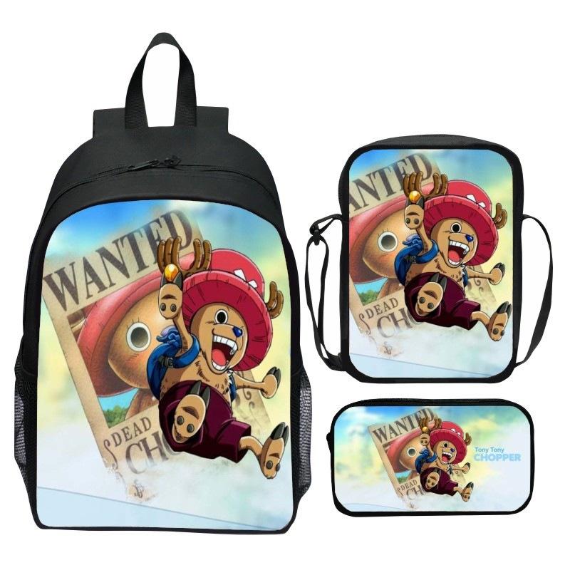 Set Zaino 3 Pezzi Stampato One Piece Cartone Animato Pirata Blu Marinaio Zaino Scuola Elementare Grande Capacità Resistente all'Acqua Zaino per Bambini