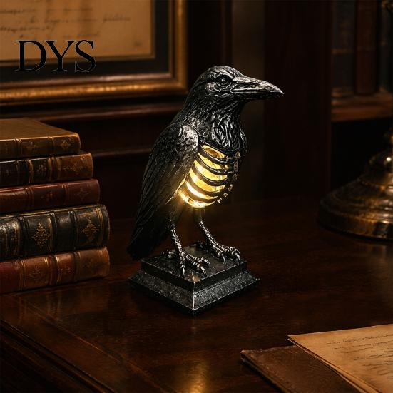 Dark Punk Room Decor Gothic Halloween Table Lamp, Spooky Raven Bat Skeleton Vintage Unique Gifts for Goth Lovers Resin LED Night Light Party, Tabletop