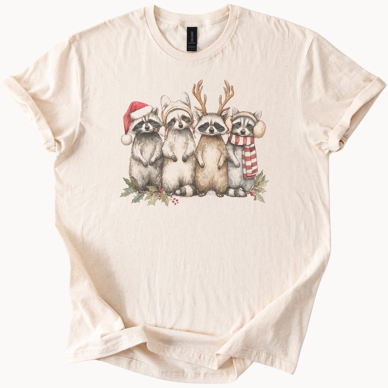 Christmas raccoon shirt cute woodland animal holiday tee raccoon with santa hat reindeer antlers scarf cozy graphic tshirt 100
