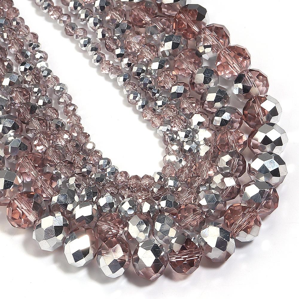 1 Strand 3/4/6/8/10mm Faceted Crystal Beads Pink Rhodium Rondelle Glass Loose Beads For Jewelry Making DIY Bracelets Necklace