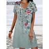 Women'S Loose Dress Summer Retro Plant Flowers Print Casual Short Sleeve V Neck Dresses Plus Size Ladies Clothing Sundress