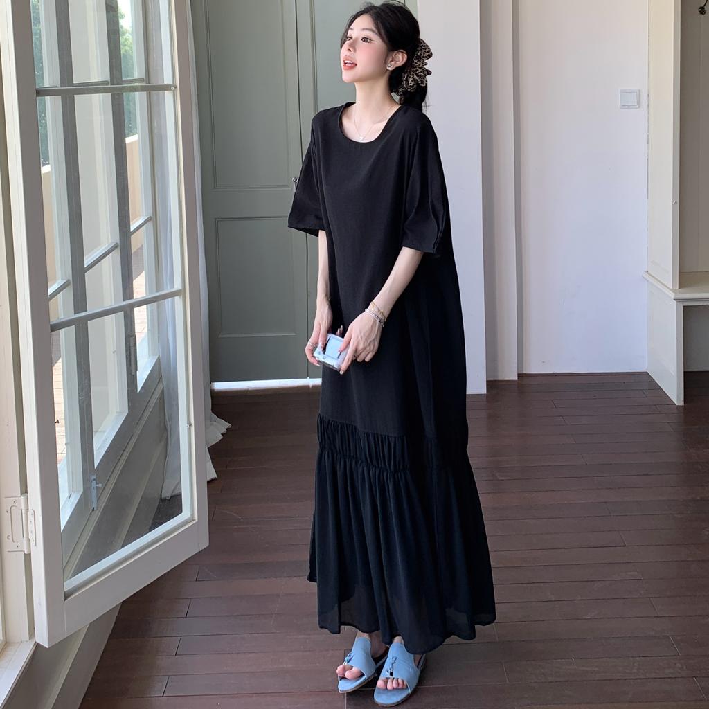 DIMANAF Kobiety 2025 Sukienka Plus Size Lato Sukienka Vintage Podstawowa Długa Codzienna Luźna Jednolita Czarna Sukienka Maxi