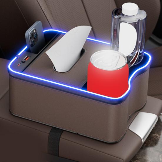 Scatola portaoggetti per bracciolo auto con porte di ricarica, luci LED multi-modalità, design ad alta capacità, organizer per console auto, custodia porta fazzoletti