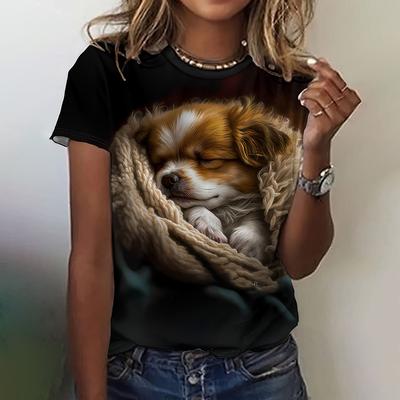 Summer Round Neck 3D Cute Dog Pattern Printed Top Fashionable Casual Short Sleeved Women's T-shirts