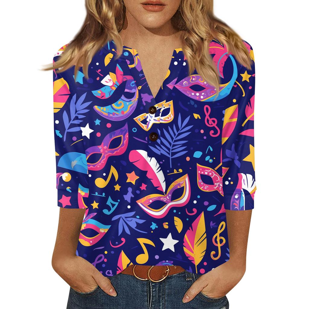 Women's Carnival Printed Fashionable Casual V-neck Button Seven Inch Sleeve T-shirt Top