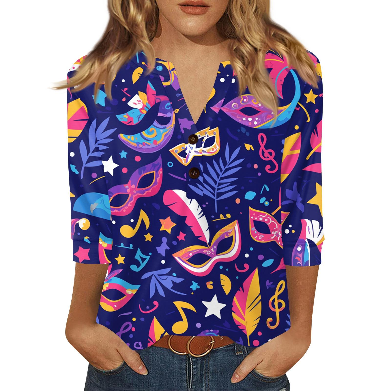 Women s Carnival Printed Fashionable Casual V-neck Button Seven Inch Sleeve T-shirt Top L синий