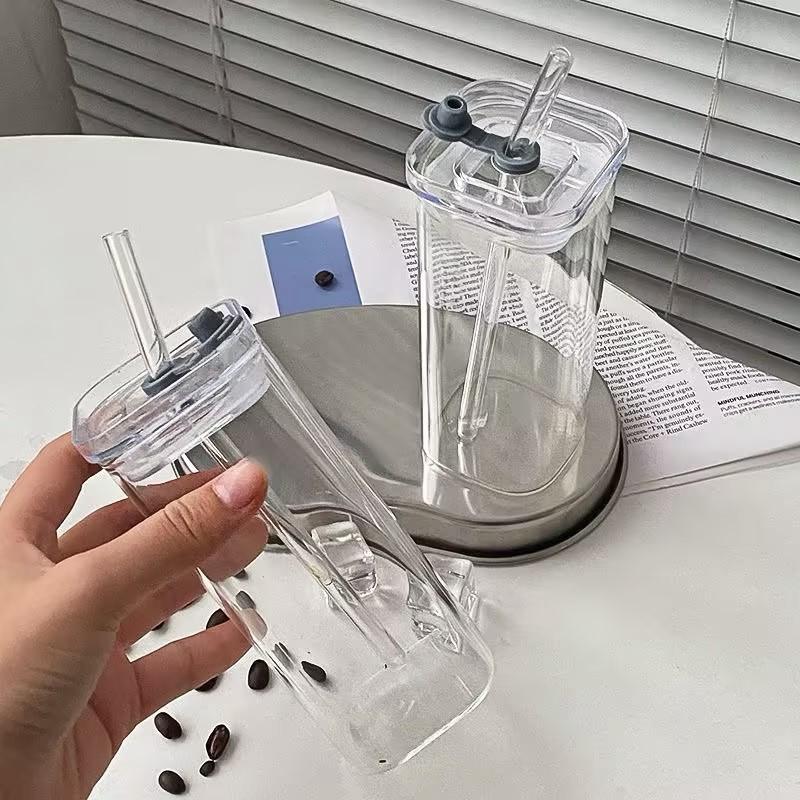 INS Glass Water Cup Square Heat Resistant Coffee Mug With Lid Straw Clear Milk Glass Cup Bubble Tea Cups Bar Juice Drinkware