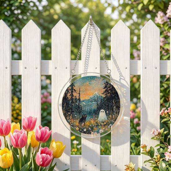 Durable Acrylic Halloween Suncatcher Jigsaw Puzzle Set, Spooky Ghost Floral Meadow Window Hanging Ornament with Metal Porch Decoration Frame & Chain,
