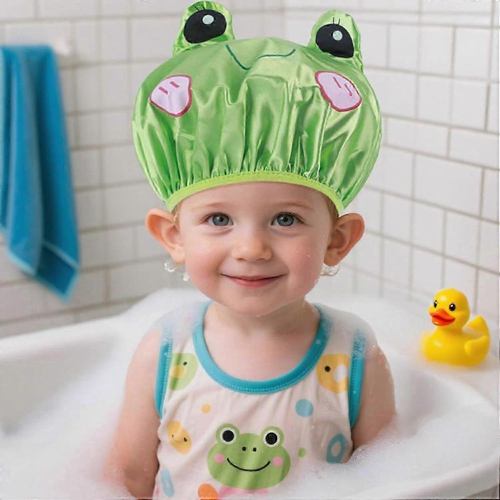 1-Pack Cartoon Frog Shower Cap - Double-Layer Waterproof Reusable Elastic Animal Bath Hat for Boys & Girls