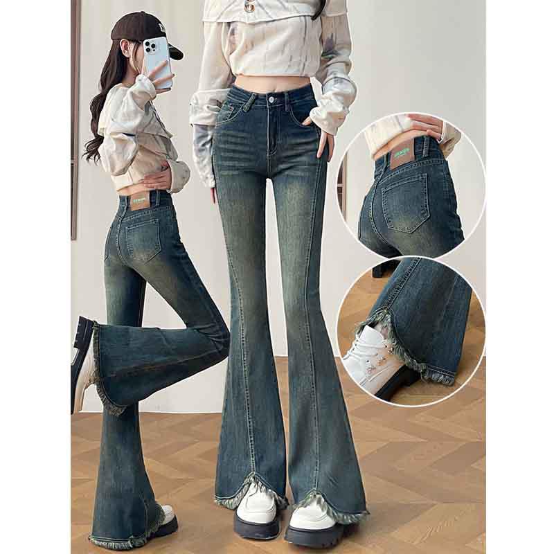 Women's Slimming High-Waisted Micro-Flare Fleece Jeans with Raw Hem Slits for Autumn/Winter 2025