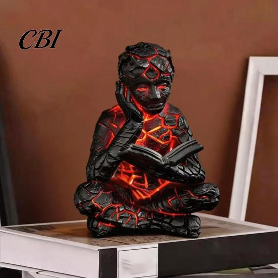 Resin Art Ornament Cracked Reader Figurine, Lighted Abstract Statue, Modern Thinker Creative Living Room Sculpture with LED Light for Home Desk Shelf