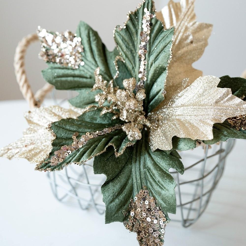 Glitter Powder Artificial Poinsettia Pick with Stem Fake Flower Ornament Home Wedding