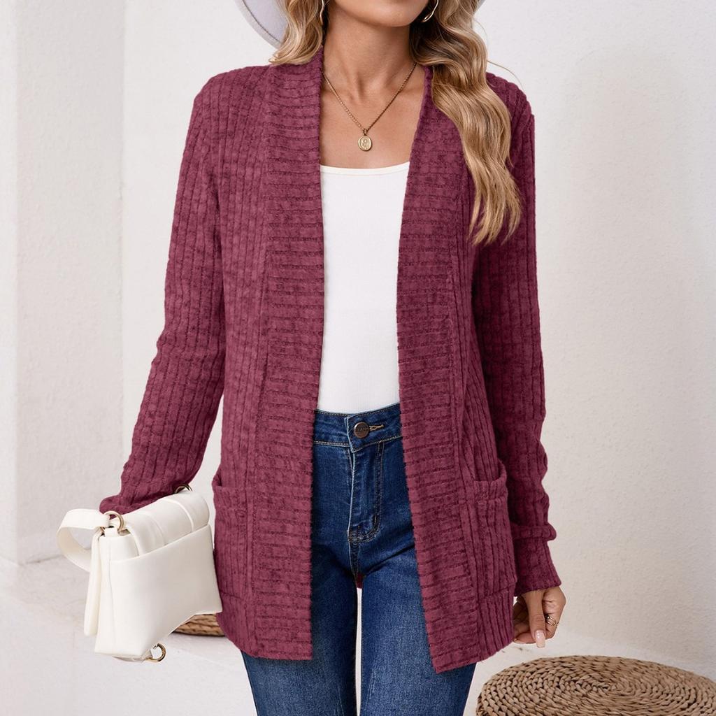 Women Ladies Solid Color Long Sleeve Length Cardigan Sweater Coat Top