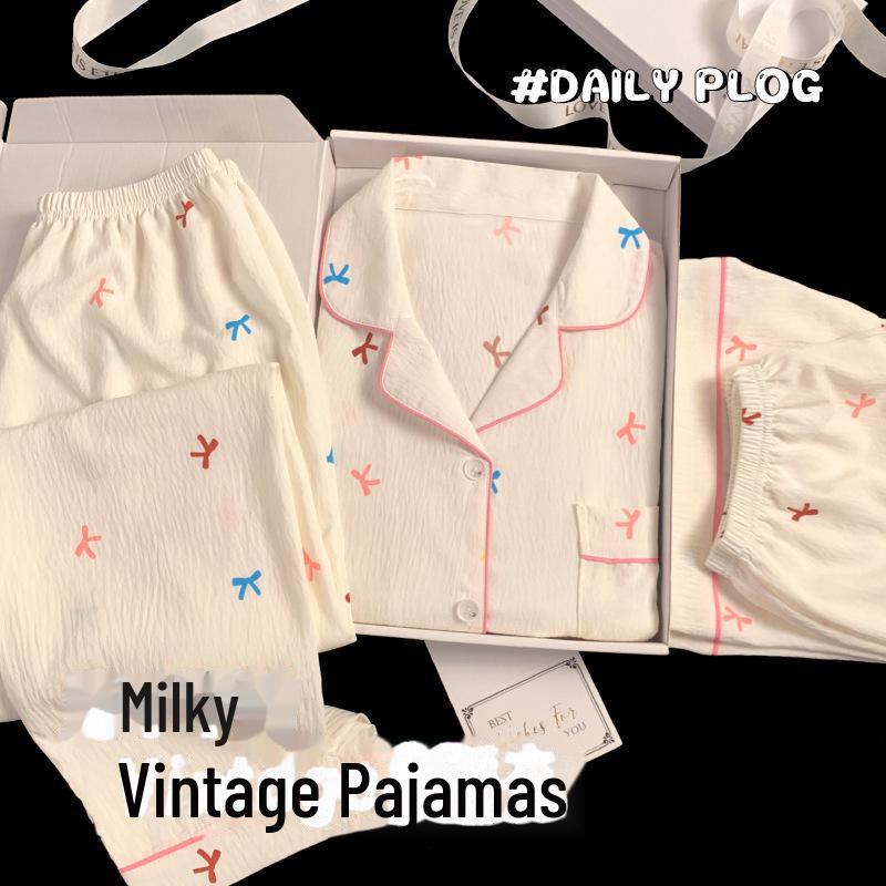 

Летний женский пижамный комплект из хлопка Blue Bear — с короткими рукавами, милый мультяшный дизайн, домашний комплект из трех предметов. M (75-100 Jin)