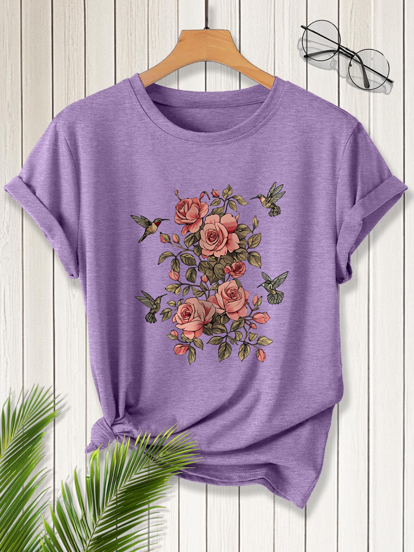 

Women s Vintage Distressed Pink Rose ; Hummingbird T-Shirt - Soft Round Neck Short Sleeve Blouse-Compatible Top Spring Summer Fall Casual Wear Suitab S дубильна кора