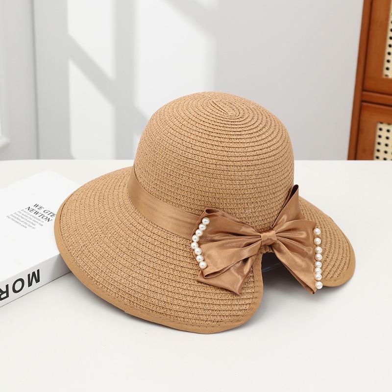Summer Bow Sun Hat Female, Seaside Beach Vacation Sun Hat Outdoor Big Brim Sun Hat Sweet Straw Hat