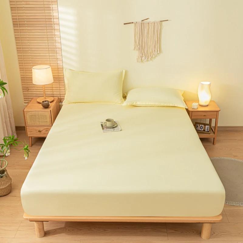 Solid Color Brushed Fitted Bed Sheet Set with 2 Pillowcases Soft Comfortable Non Slip Mattress Protector Cover for Single Double