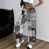 Women Plus Size Red White Plaid Printed Loose Straight Leg Full Length Pants