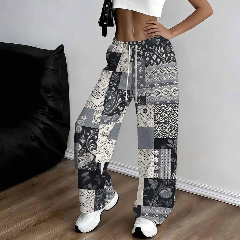 Women Plus Size Red White Plaid Printed Loose Straight Leg Full Length Pants