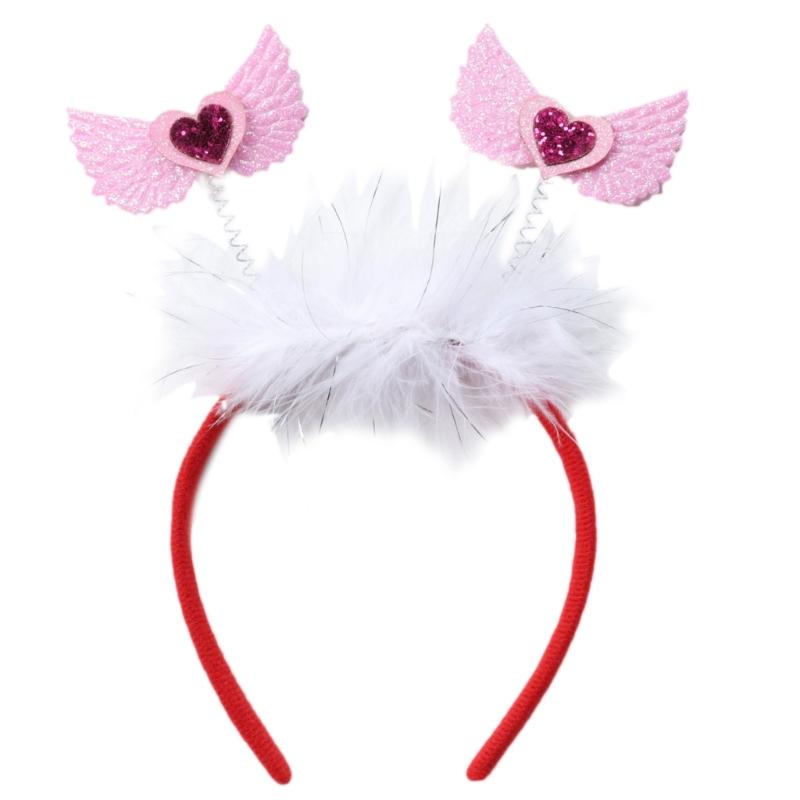 

Heart Headband Red Heart Decor Wing Antennas with Feather Head Bopper Party Hair Accessoires for Valentines Day рожевий