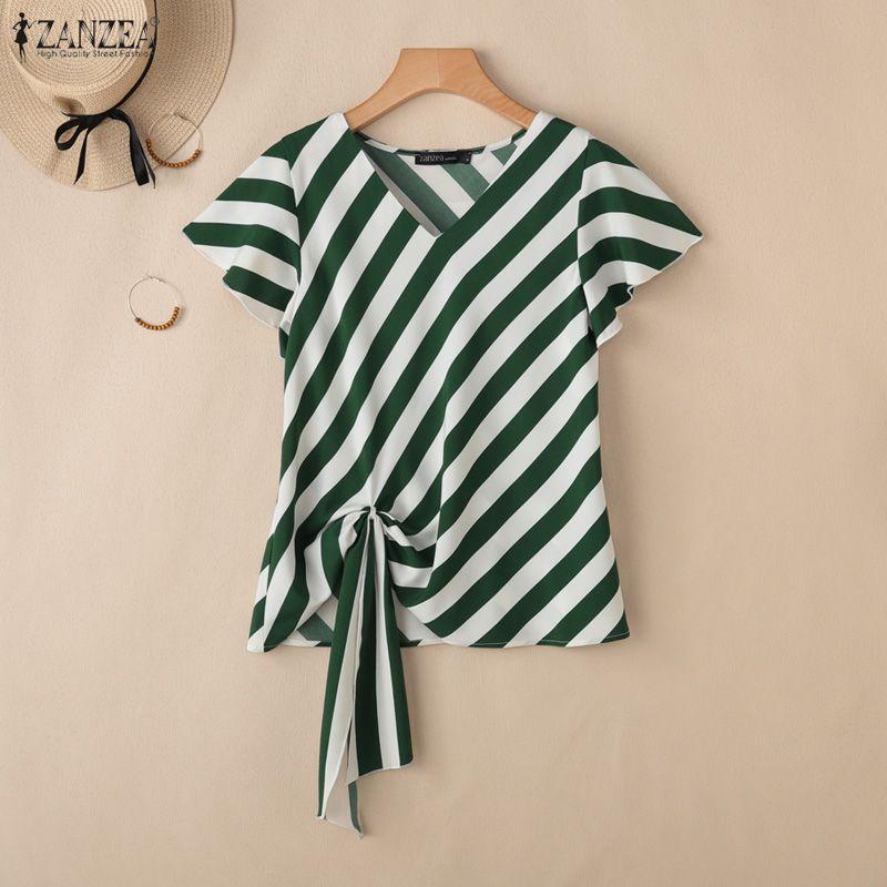 ZANZEA Blusa informal de verano con cuello en V y manga corta a rayas para mujer