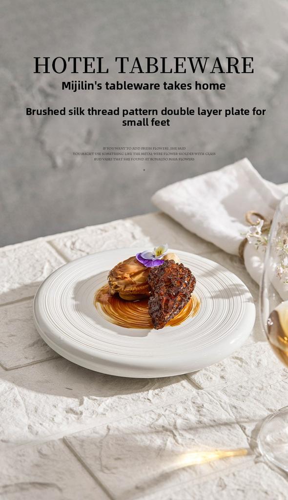 BR15cm White Double Layer Insulation Plate Serving Plate Ceramic Circular Appetizer Tableware Salmon Dish Restaurant TablewareEY