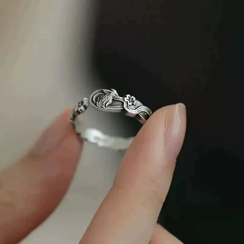Retro Nine-Tailed Fox Ring for Women New Chinese Style Cherry Blossom Small Fox Finger Ring Versatile Open Ring