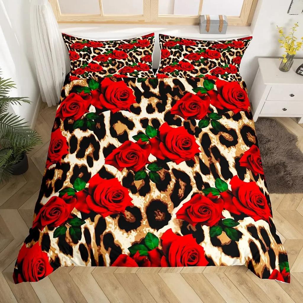 Leopard Comforter Cover King Queen Full Cheetah Bedding Set African Savanna Animal Duvet Cover Rose Flower Polyester Quilt Cover