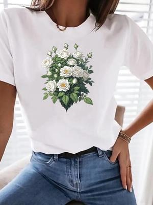 (Asian Size) Lovely Flower Cute Clothing T Shirt Woman Women Fashion Tee Top Print Female Short Sleeve Graphic T-shirts