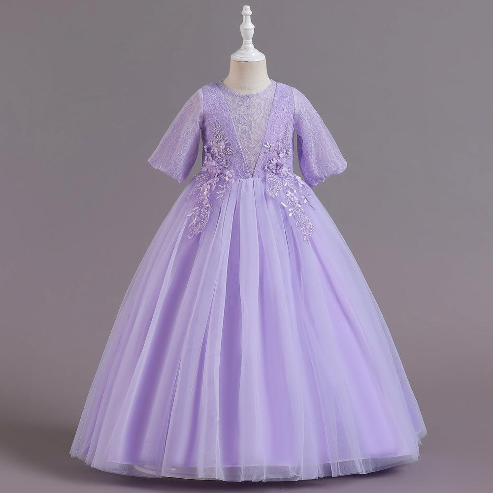 

Girl s Pom Pom Princess Dress Christmas Evening Gown Host Piano Performance Breathable Mesh Formal Outfit 170cm фіолетовий