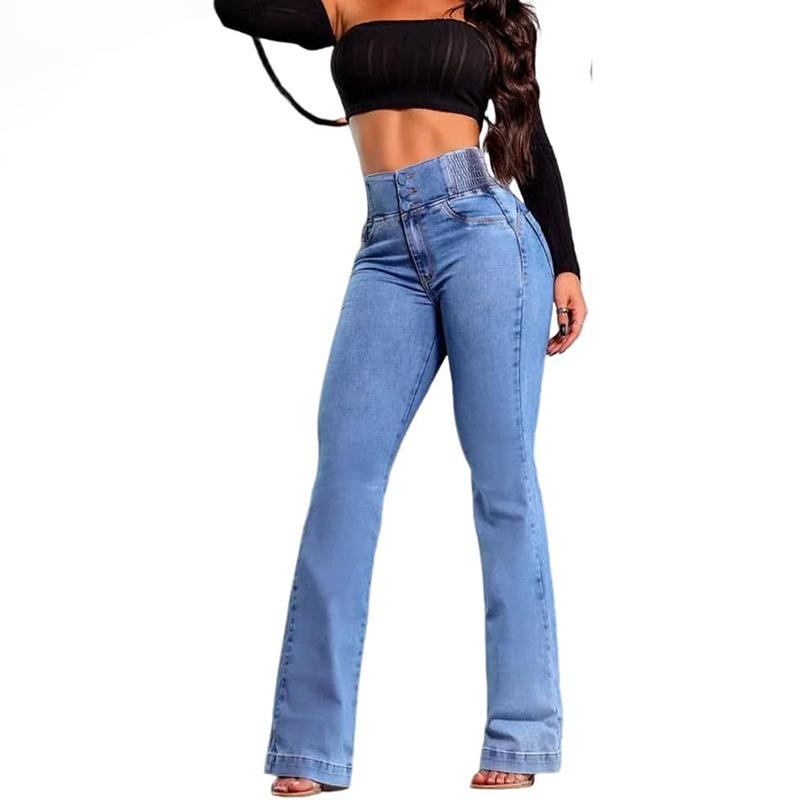 Women High Waisted Flare Jeans Vintage Wash Denim Bell Bottom Trousers