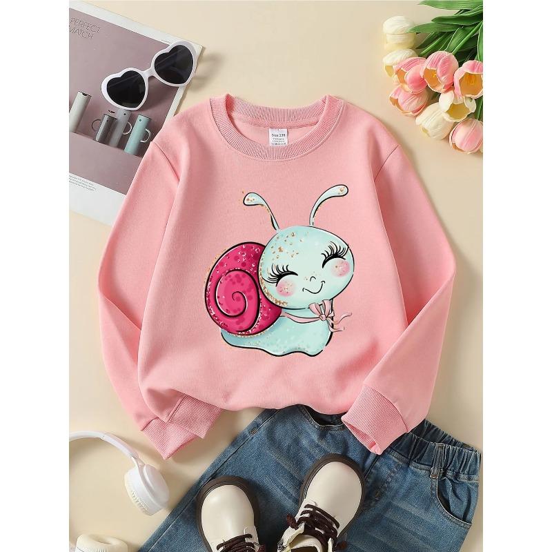 Girls' Crewneck Sweatshirt - Cute Snail with Pink Shell And Bow Machine Washable, Spring And Autumn