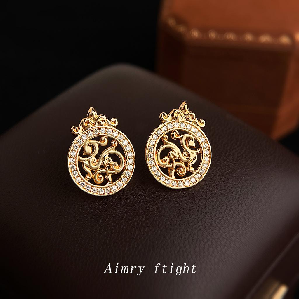 Original old money wind slightly inlaid zircon pattern Guochao new Chinese style new silver needle earrings