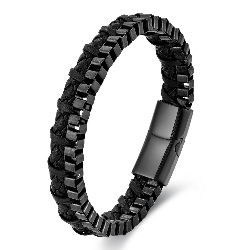 Black Leather Rope Cowhide Men's Double Chain Braided Bracelet Handmade Multilayer Leather Bracelet 2026