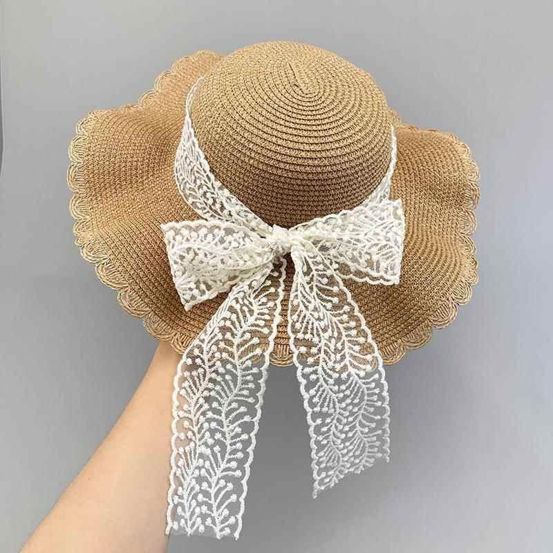 

K-style Lace Bow Straw Hat Women s Summer Big Brim Sun Protection Sun Hat Seaside Vacation Beach Bucket Hat D-217 Coffee Lace Bows Straw Hat