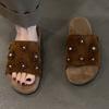 Fashion retro niche rhinestone flower matte suede one-word drag women comfortable stepping on shit cool slippers