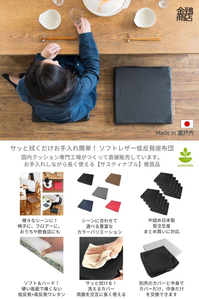 Golden Eagle Leather Made In 40x40x5 Cushion, Japan, Low-Rebound, High-Rebound Urethane, Column, (Black, 2)