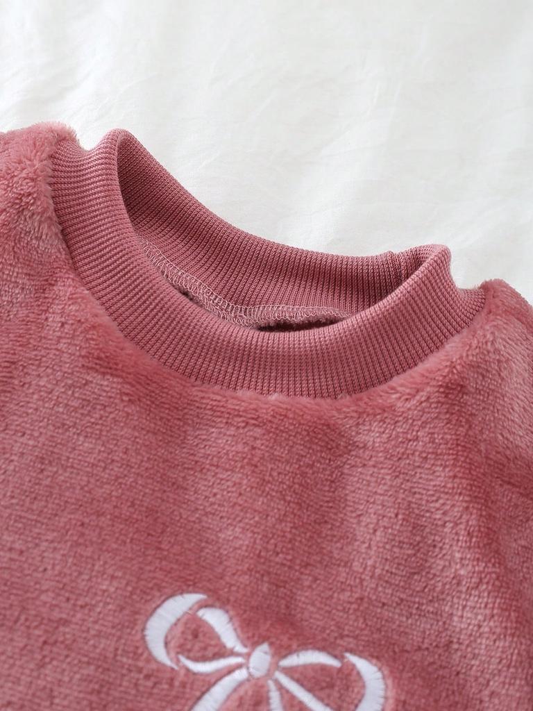 2-teiliges Set für Mädchen, Rosa, bestickte Schleife, Langarm-Oberteil und Hose mit Schleifenmuster, Winter-Flanell-Pyjama-Set, Fee-Feiertags-Nachtwäsche für Kinder
