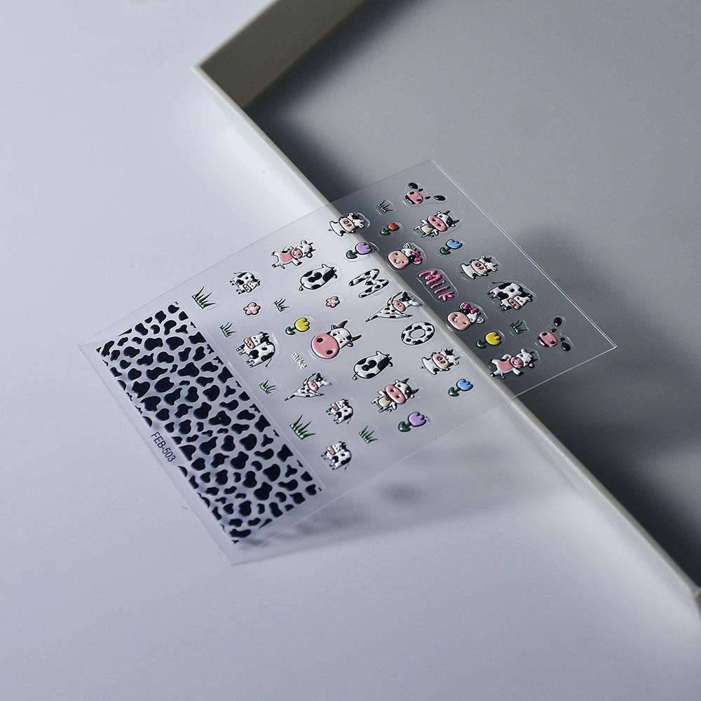 Xiaohongshu's Internet-Famous 5D Cow Print Embossed Nail Art Stickers - Durable Black & White Cartoon Design