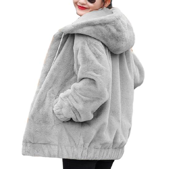 Fall Winter Women Jacket Thick Plush Solid Color Hooded Warm Windproof Soft