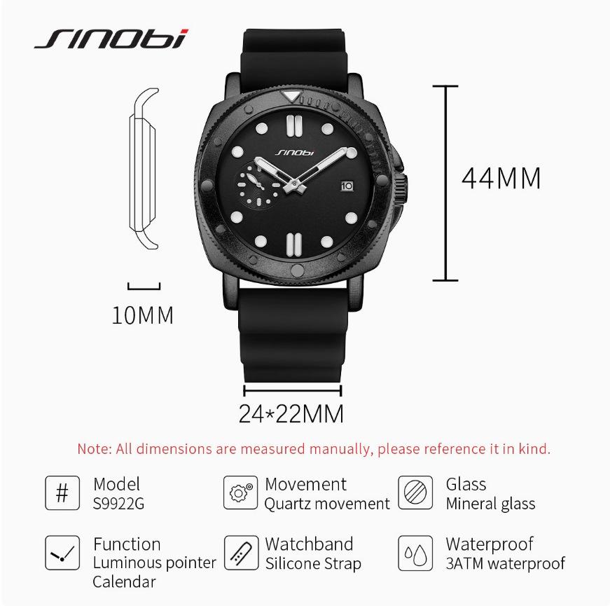Sinobi Men's Waterproof Quartz Watch with Luminous Silicone Strap - Fashion Sports & Business Wristwatch