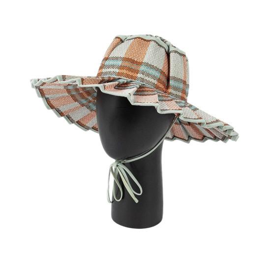 Women Straw Hat Plaid Print Summer Foldable Hat Wide Brim UV Protection Lightweight Breathable Beach Sun Hat